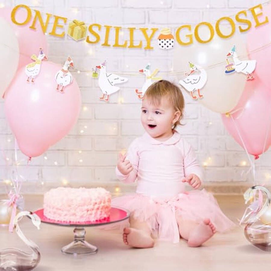 BOXOB One Silly Goose Banner Vooraf Geregen Schattige Gans-Verjaardagsdecoratie voor 1ste Verjaardagsfeestje Baby Shower Glitter Boerderijdier-Thema Feestdecoraties voor Binne & Buitendecoratie