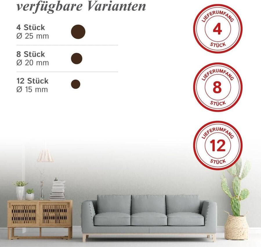Brand 8 x meubelglijders van kunststof stoelglijders met spijker 20 mm Ø 5 mm dik rond bruin Made in Germany