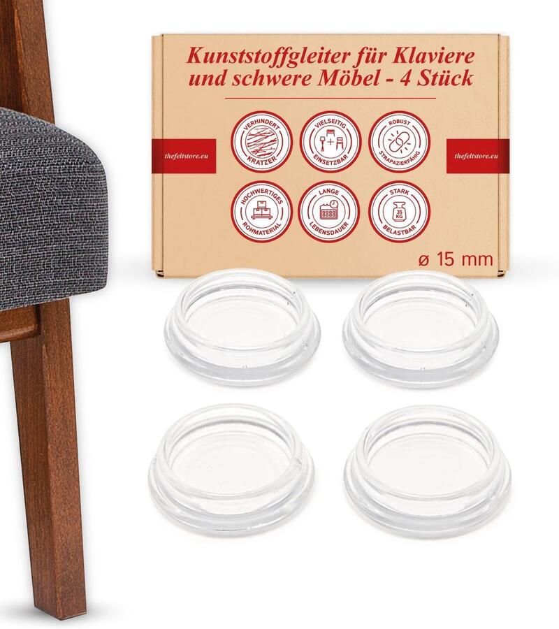 Brand Meubelonderzetters pianoonderzetters rond transparant 4 stuks 15 mm binnendiameter piano vloerbeschermer pianoonderzetters glas transparant Made in Germany