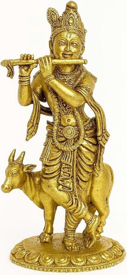 Brass Finish Lord Krishna with Cow Idol Tall Bal Gopal Playing Flute Murti for Home Mandir Decor & Gifting 4.9x3.3x 171g Spiritual Statue