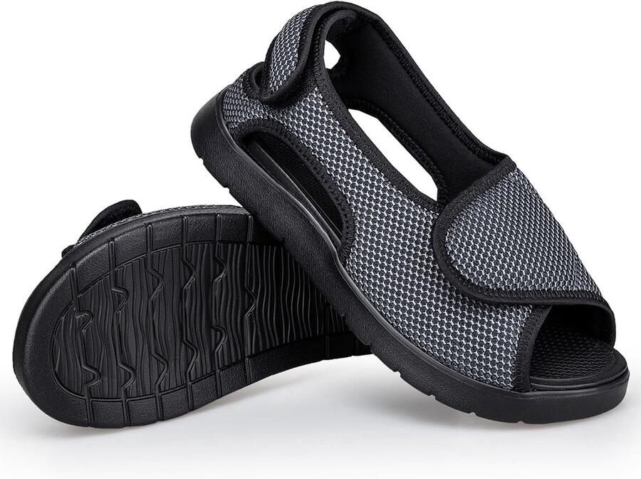 Brede sandalen voor seniorenschoenen met klittenbandsluiting herenslippers verstelbare steunschoenen voor gezwollen voeten Senior Schoenen Grijs