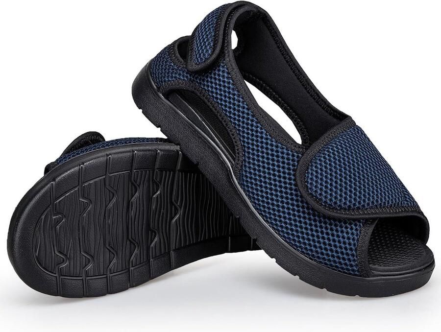 Brede sandalen voor seniorenschoenen met klittenbandsluiting herenslippers verstelbare steunschoenen voor gezwollen voeten Senior Schoenen Blauw