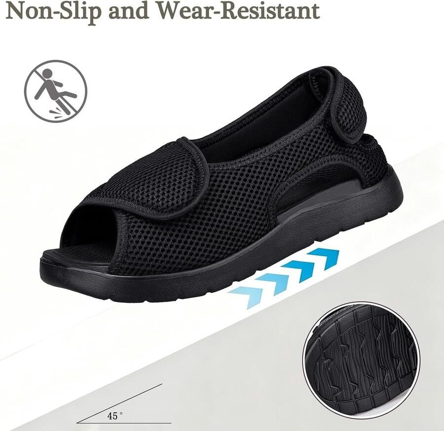 Brede sandalen voor seniorenschoenen met klittenbandsluiting herenslippers verstelbare steunschoenen voor gezwollen voeten Senior Schoenen Zwart