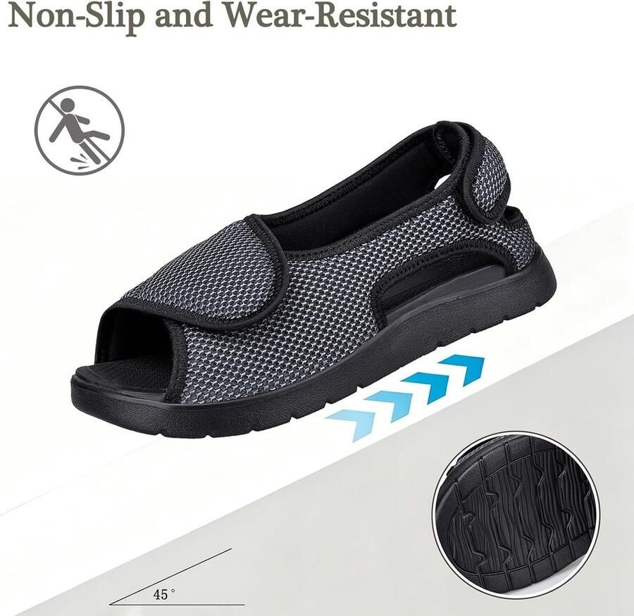 Brede sandalen voor seniorenschoenen met klittenbandsluiting herenslippers verstelbare steunschoenen voor gezwollen voeten Senior Schoenen Grijs