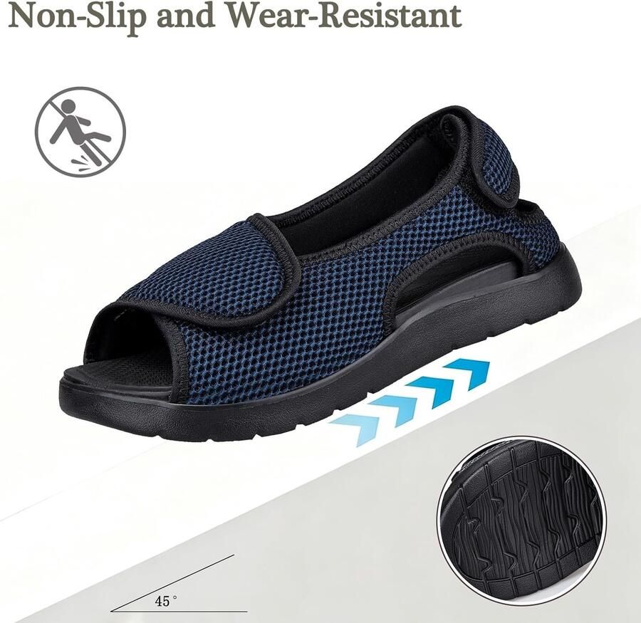 Brede sandalen voor seniorenschoenen met klittenbandsluiting herenslippers verstelbare steunschoenen voor gezwollen voeten Senior Schoenen Blauw