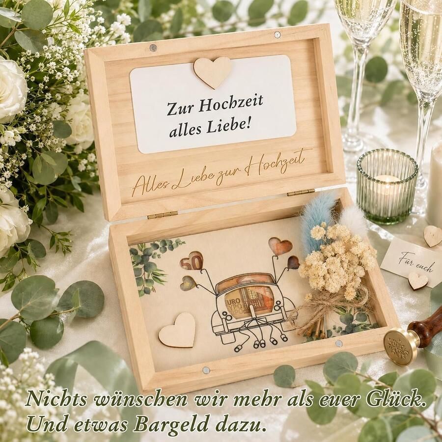 Bruiloft bruiloftsauto van hout geldgeschenken voor bruiloft huwelijkscadeaus voor bruidspaar bruiloft herinneringsdoos met eucalyptuspatroon gedroogde bloemen bruiloftskaart