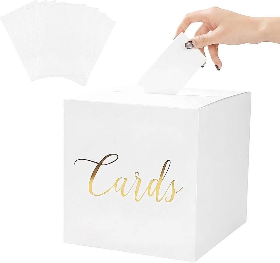 Bruiloftskaartendoos met 10 witte kaarten urn bruiloft karton geschenkdoos voor ontvangst verjaardag afstudeerfeest babyshower wit met warme gouden letters