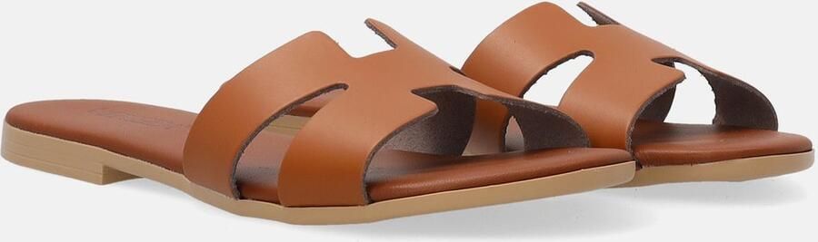Venezia Bruine Leren Slippers Brede Band Uitsparingen