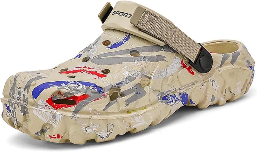 Camouflage tuinklompen voor heren lichtgewicht EVA-rubberen muiltjes met verstelbare rugband voor tuin strand zwembad en zomerwandelen bruin
