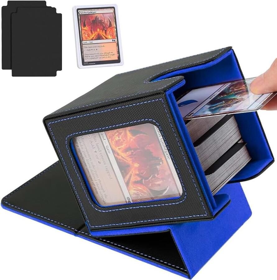 Card Deck Box voor MTG Commander Magnetische Card Display Case met 2* Dividers 1* Toploader en 1* Dobbelstenen Bag PU Lederen Opbergdoos Past 100 Dubbele Mouwen Kaarten Blauw
