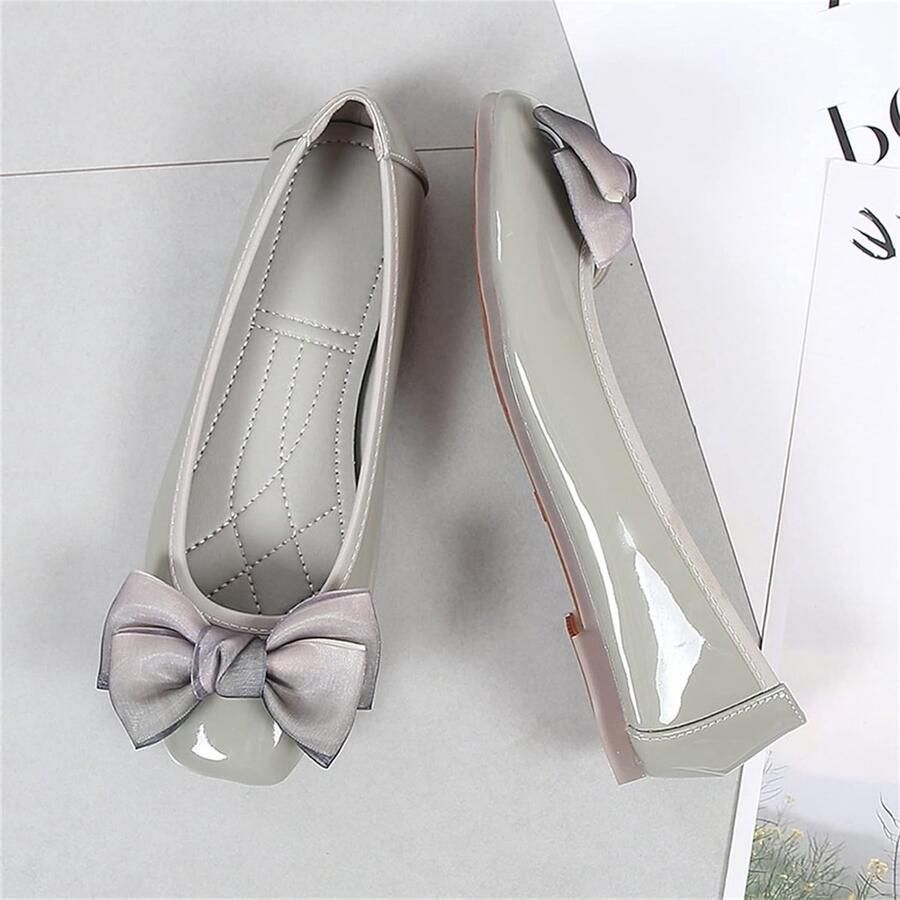 Casual Ballerina Flats voor Dames met Vierkante Neus en Strik Comfortabele Memory Foam Pumps in Grijs voor Dagelijks Gebruik