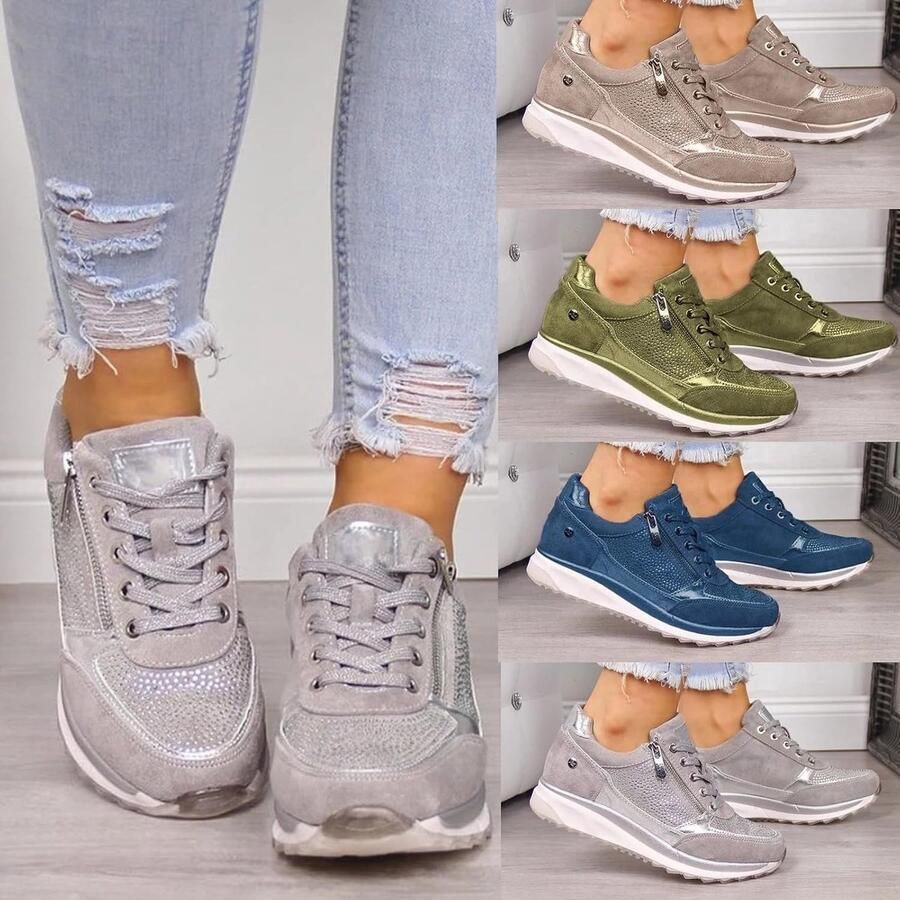 Comfortabele Sneakers met Rits voor Dames Ondersteuning voor de Voetboog Grijze Tennischoenen