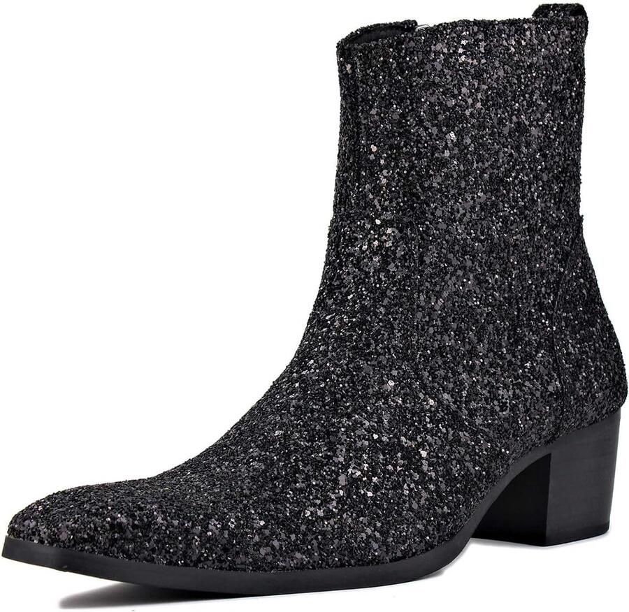 Chelsea Ankle Boots Leather Western Cowboy Boots with Side Zipper Heel Dress Boots Glitter OS-JY022