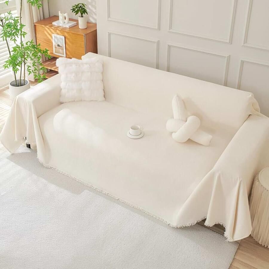 Chenille Bankhoes 3-zits hoekbankhoes，L-vormige Bankhoezen voor modulaire bank met kwastjes，Wasbare meubelbeschermer voor huisdier & het hele seizoen，180 x ，Puur-beige