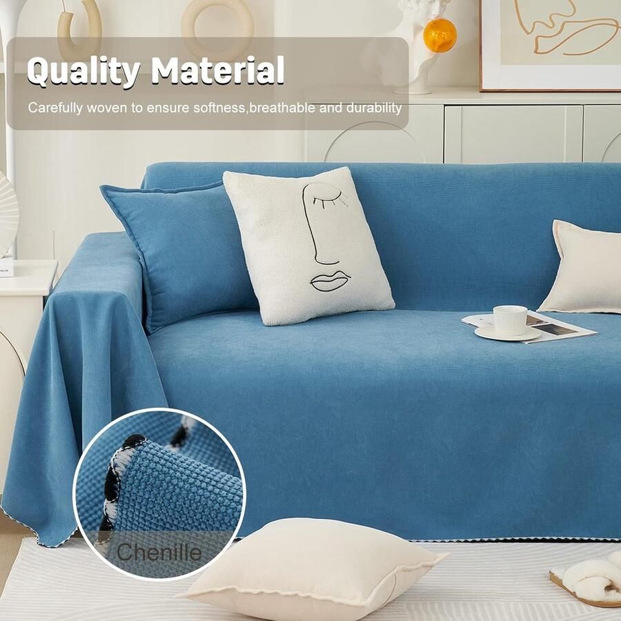 Chenille Multifunctionele bankhoes extra groot omkeerbaar antislip winter blauw 180 x