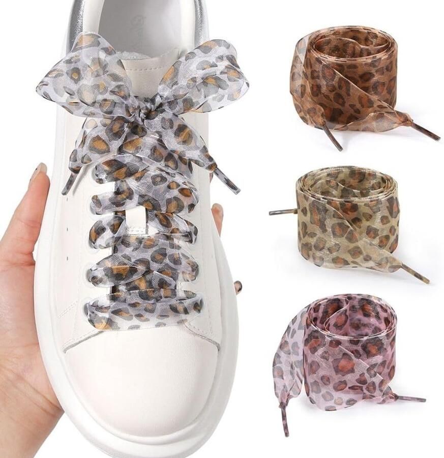 Chiffon Veters met Luipaardpatroon 4 Paar Brede Veters voor Sneakers en Laarzen Dikke Vervangingsveters in Levendige Kleuren