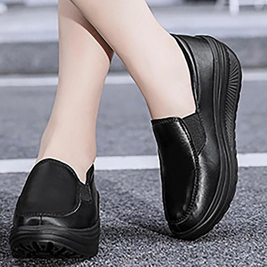 Chunky Platform Slip On Walking Trainers Lederen Waterdichte Boog Ondersteuning Orthopedische Schoenen Lichtgewicht Antislip Comfort Casual Wedge Trainers Mode Effen Hoogte Toenemende Schoeisel