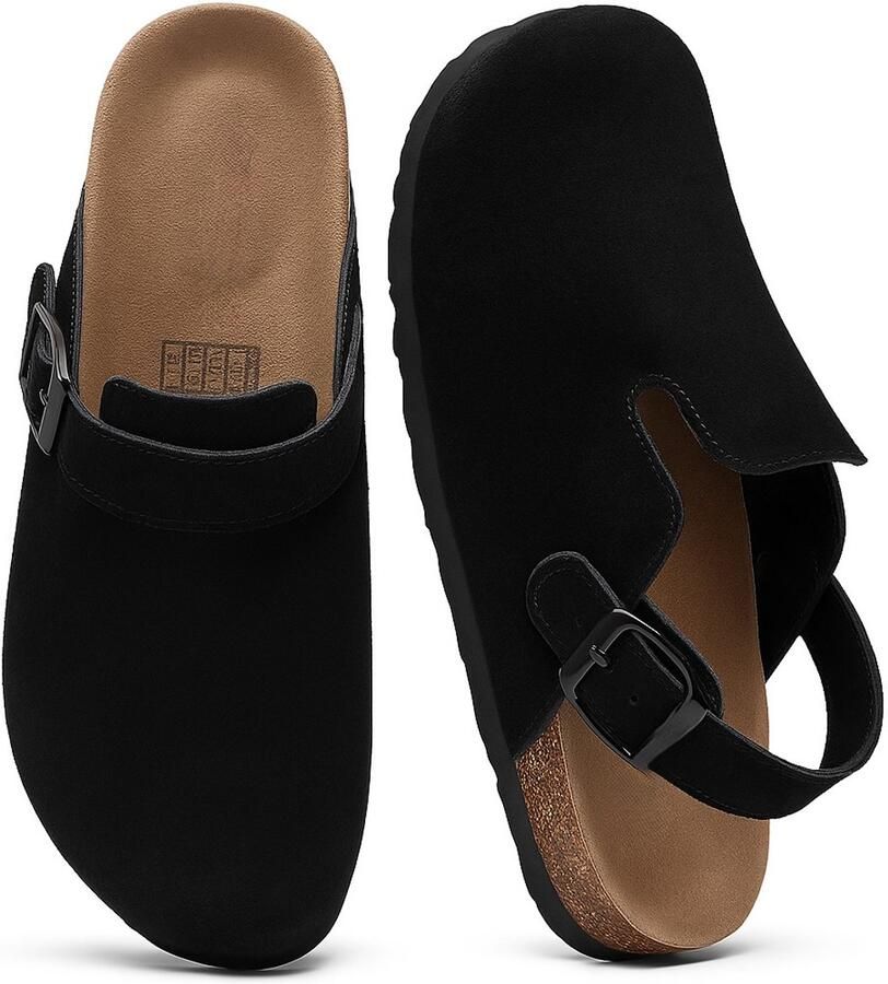 Suède Clogs Unisex Instappers met Kurk Voetbed Comfort Pantoffels en Zwart - Foto 2
