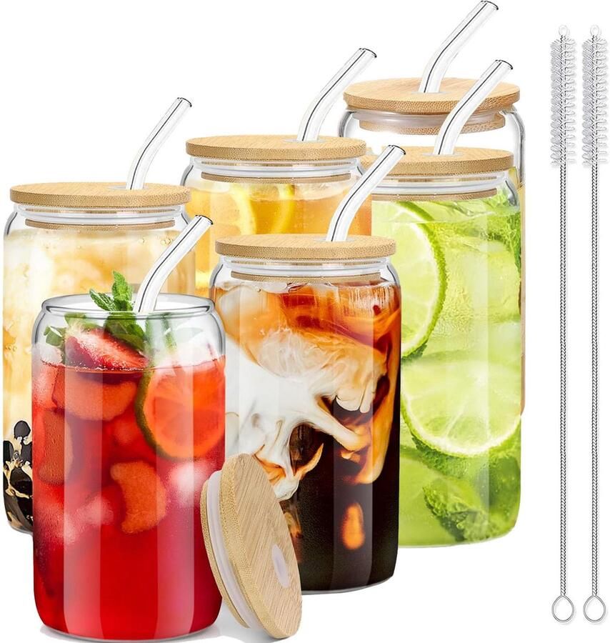 Coffee Cup 6-delige set 473ml DIY feest handgemaakte drinkglazen beker met glazen rietjes en bamboe deksels voor water melkthee bier ijs cola cocktail koffieglas (6-delige set)