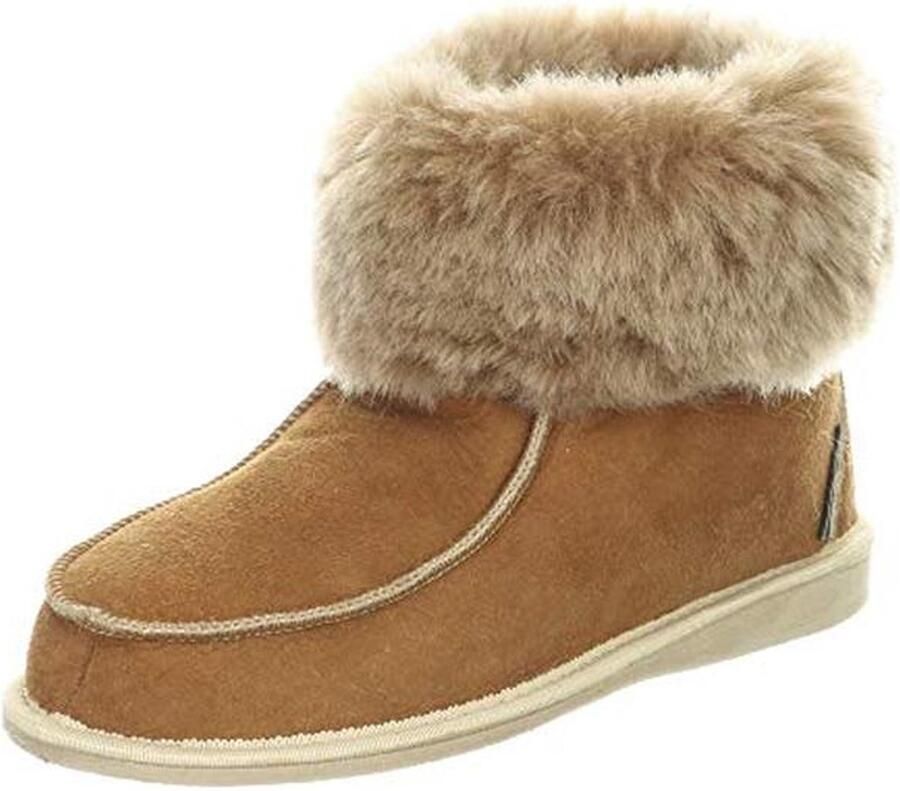 Cognac Lamsvacht Pantoffels met Zachte Kraag Comfortabele Bontschoenen van 100% Merino Schapenvacht