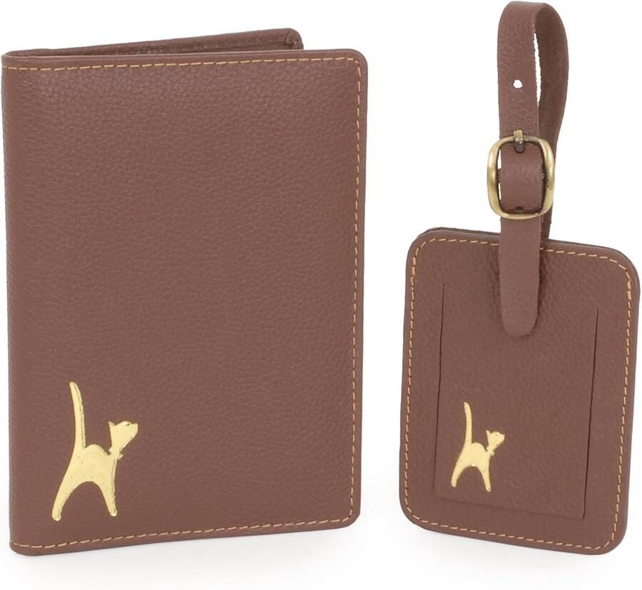 Collection Handbags Paspoorthouder en Kofferlabel Dames van Leer Cadeauset Reisaccessoires Paspoorthoes + Bagagelabel Set Bruin
