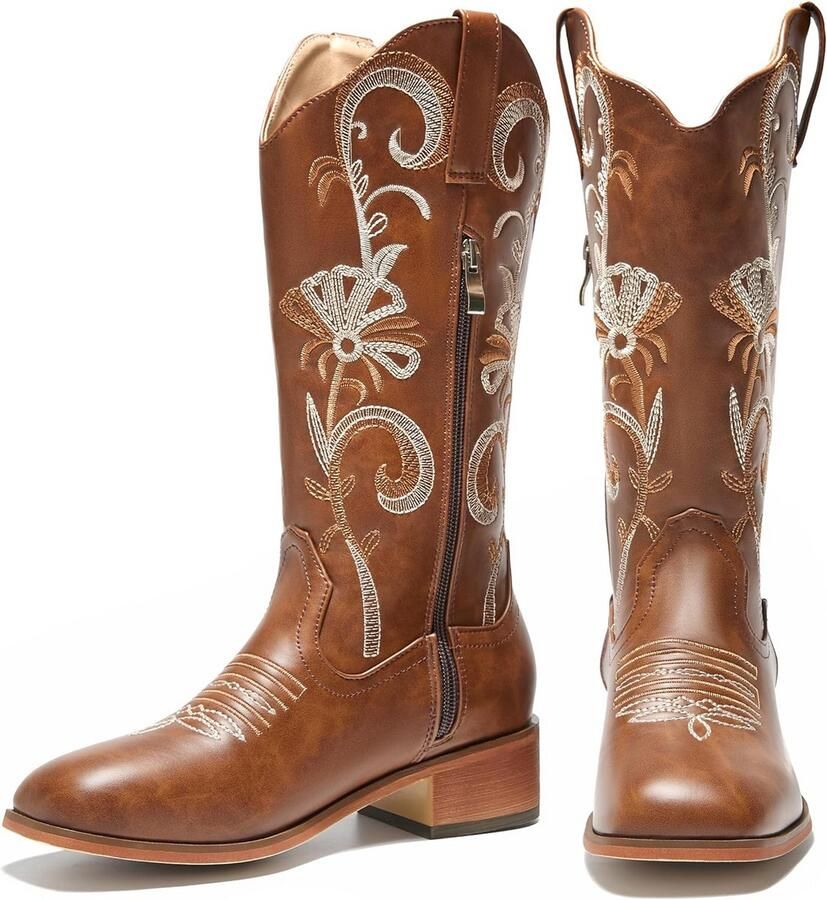 Comfortabele cowboylaarzen met lage hak en borduursel Mid-kuit westernlaarzen voor dames