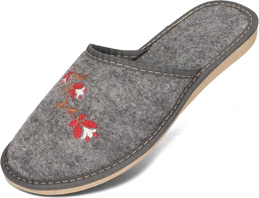 Comfortabele Dames Pantoffels van Lichtgrijs Vilt met Geborduurde Bloemen