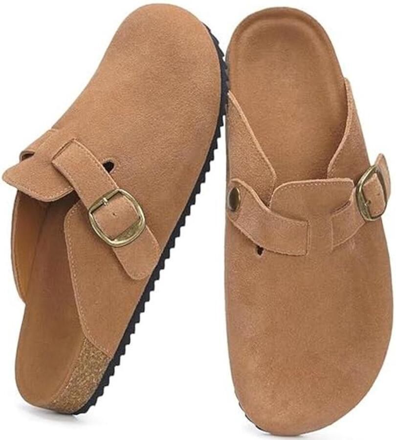 Comfortabele Dames Sandalen Clogs en Slippers met Leren Bovenwerk en Kurken Voetbed