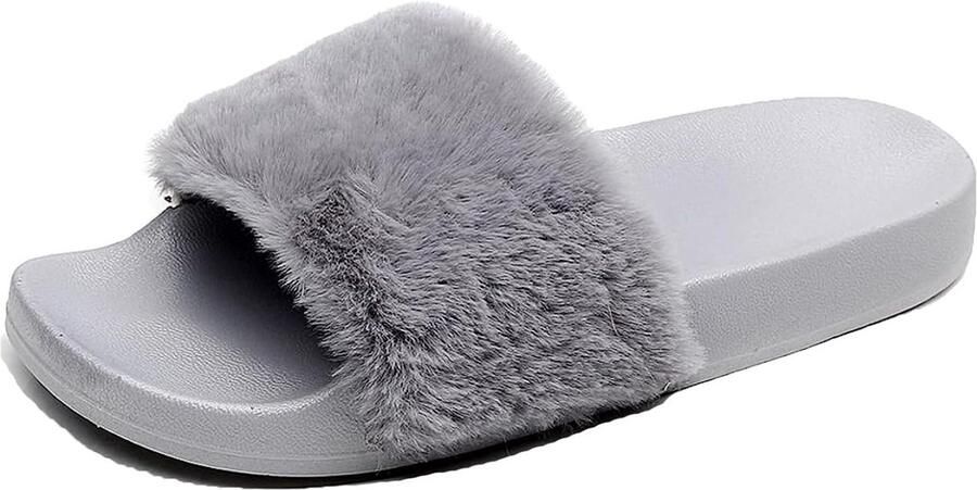 Comfortabele Dames Slippers met Nepbont Zachte Fuzzy Open Teen Slides