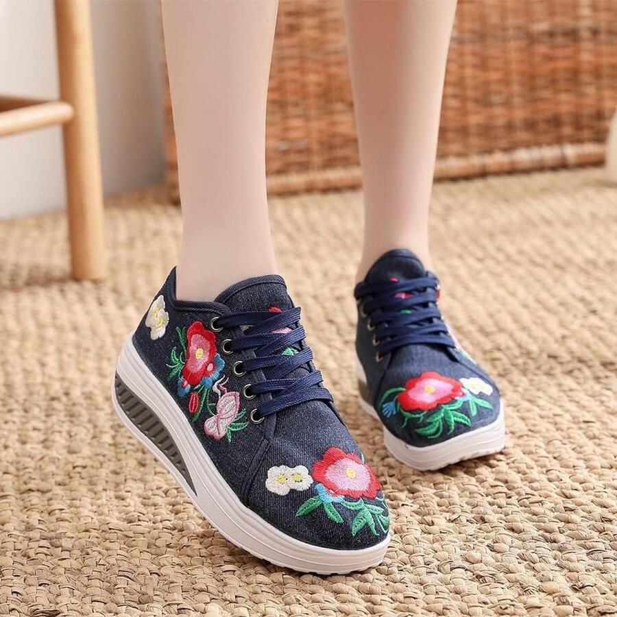 Comfortabele Dames Sneakers met Boogsteun en Geborduurde Bloemen Canvas Loafers