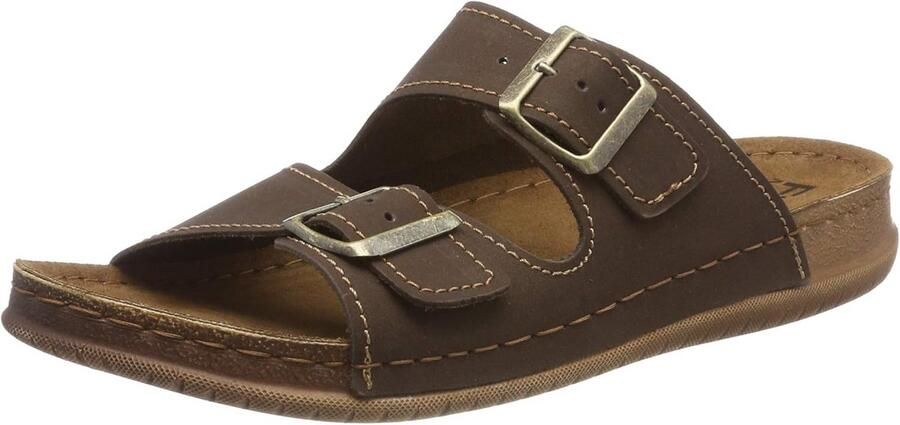 Comfortabele Heren Slippers met Twee Gespen Nubuck Leer Bruin