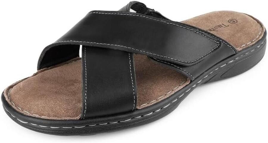 Comfortabele Heren Teenslippers Leer met Klittenband Antislip Zomersandalen voor Strand & Buiten