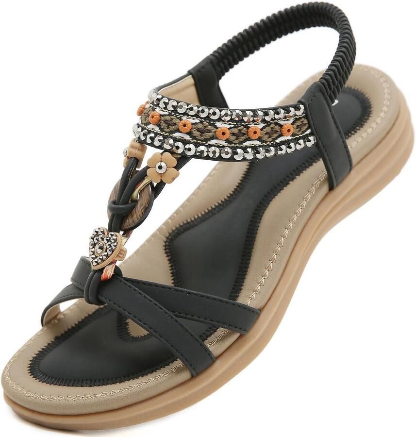 Comfortabele Platte Sandalen Dames Zomer Antislip Teensandalen met Strass Decoratie