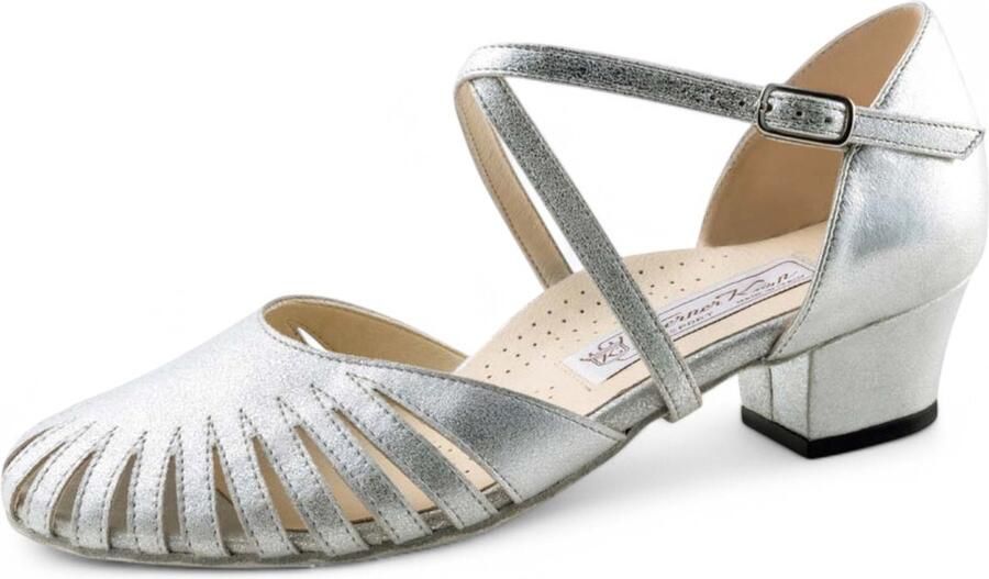 Comfortabele platte danssandaal Werner Kern Solveig Lage stabile hak Suede Verstelbare kruisband Comfortabele dames latin dansschoenen Optimale ondersteuning Werner Kern Zilver