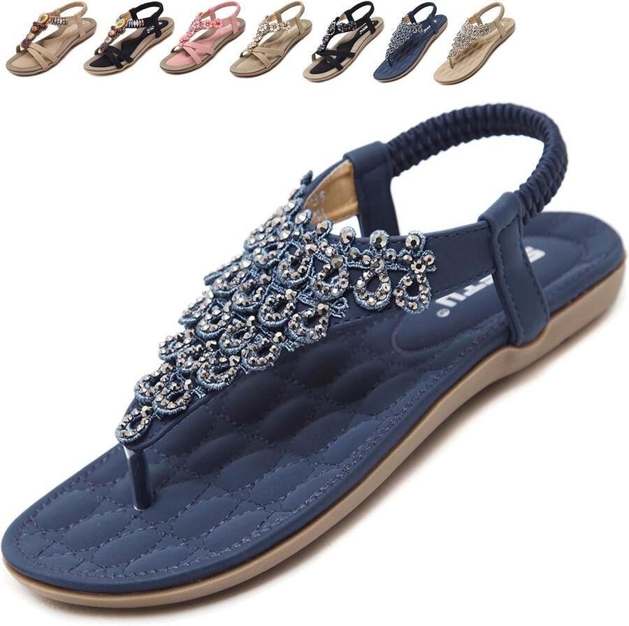 Comfortabele Platte Zomer Sandalen Dames met Strass Teen Tussenspreider Strand Slippers