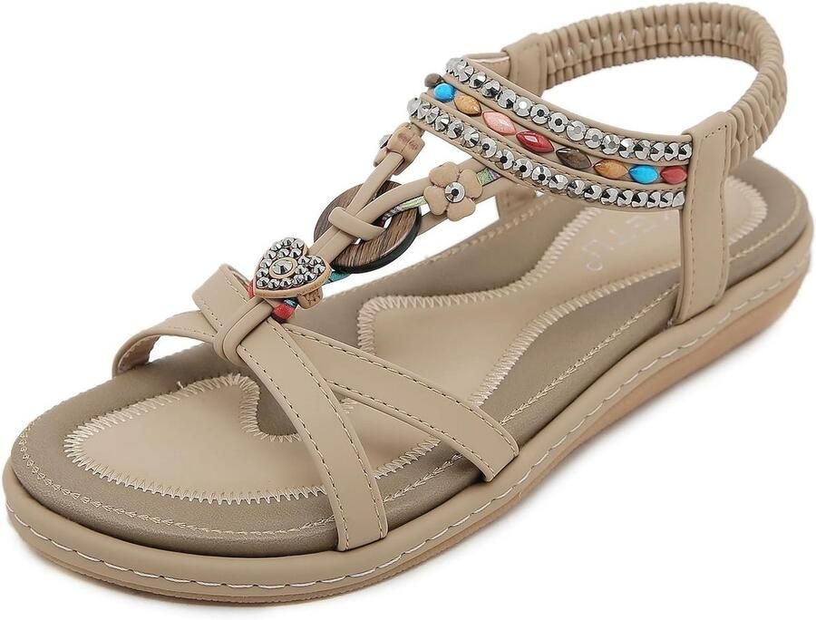 Comfortabele Platte Zomersandalen Dames Boheemse Strandslippers met Strass Antislip