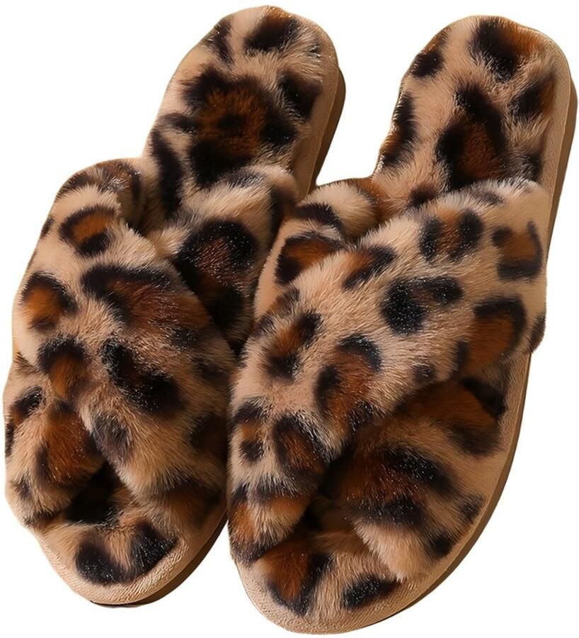Comfortabele pluche damesslippers luipaardprint open teenslippers van katoen warme slippers met kruisbandjes zachte antislip binnenslippers slippers met traagschuim warme winterslippers voor binnenshuis