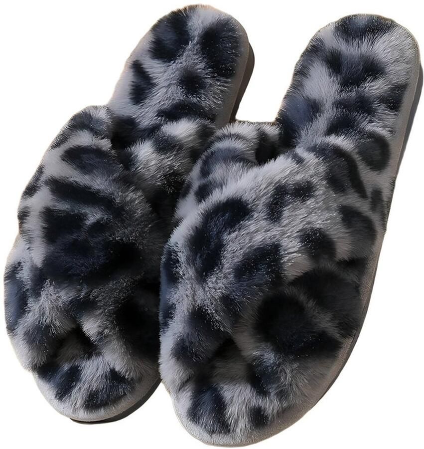 Comfortabele pluche damesslippers luipaardprint open teenslippers van katoen warme slippers met kruisbandjes zachte antislip binnenslippers slippers met traagschuim warme winterslippers voor binnenshuis