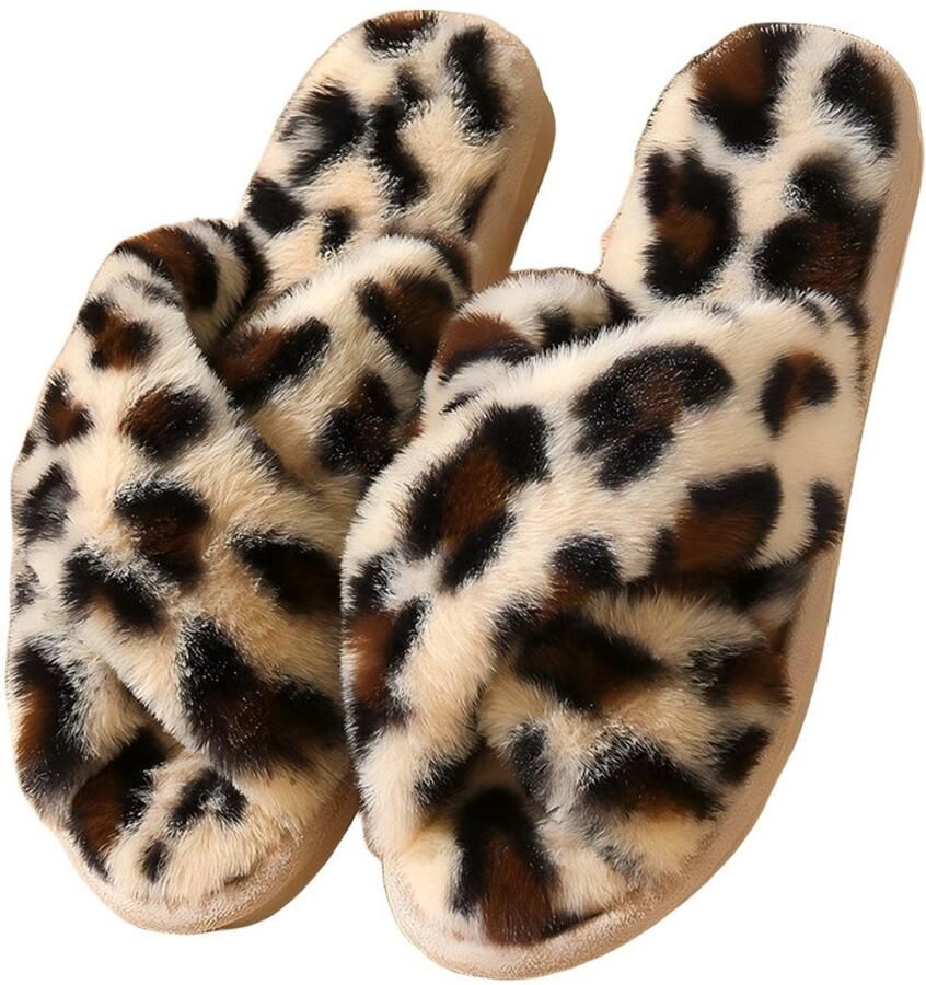 Comfortabele pluche damesslippers luipaardprint open teenslippers van katoen warme slippers met kruisbandjes zachte antislip binnenslippers slippers met traagschuim warme winterslippers voor binnenshuis