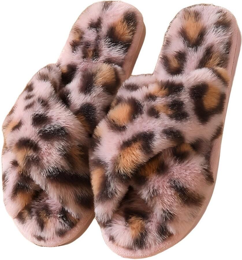 Comfortabele pluche damesslippers luipaardprint open teenslippers van katoen warme slippers met kruisbandjes zachte antislip binnenslippers slippers met traagschuim warme winterslippers voor binnenshuis