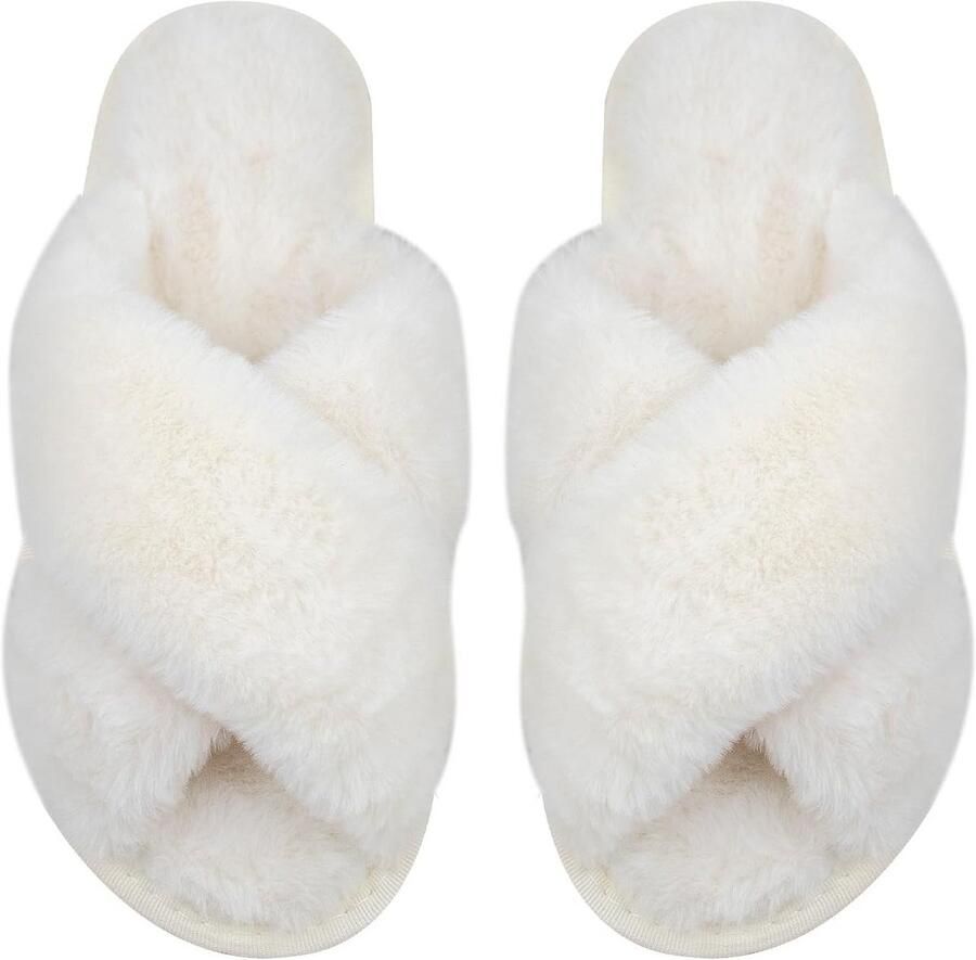 Comfortabele Pluche Huisslippers met Kruisband voor Dames Open Teen