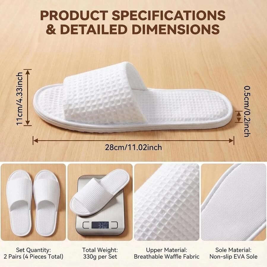 2 Paar Witte Waffle Open Teen Spa Slippers Wegwerp Slippers voor Thuis Hotel en Reizen Antislip en Comfortabel