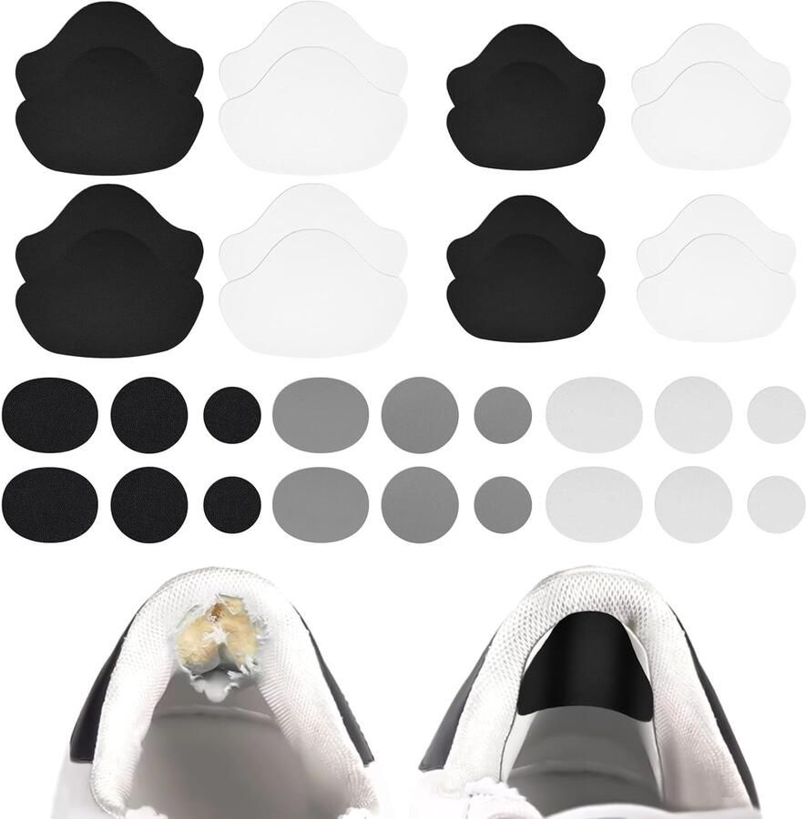 Complete Schoenreparatieset met 34 Onderdelen Zelfklevende Hielpatches en Bescher de Pads voor Sneakers Leren Schoenen en Hakken in Wit Grijs en Zwart Ideaal voor Duurzame Herstellingen