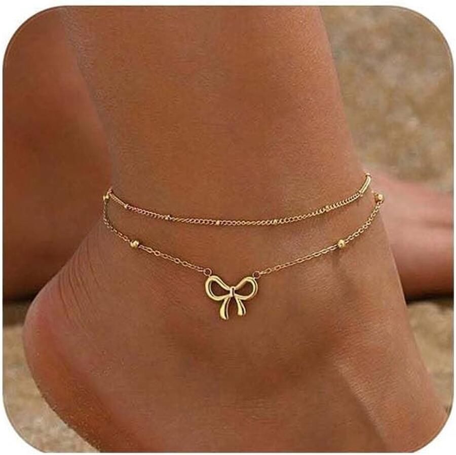 Allecto 18K Gouden Enkelband Dubbele Laag Chic Strand Sieraad Goud Trendy Beach Anklet Perfect voor Volwassenen