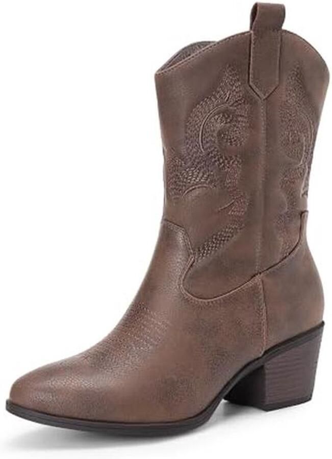 Cowboy Boots Dames Mid-Calf met Borduurwerk en Ronde Neus Western Stijl