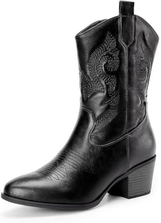 Cowboy Boots voor Vrouwen met Borduursel en Ronde Neus Mid-Calf Cowgirl Boots