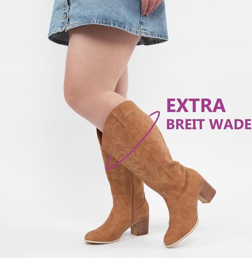 Cowboylaarzen dames extra brede schacht geborduurde westernlaarzen kniehoog stijlvol en comfortabel ShopVlot