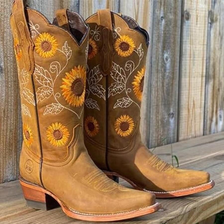Cowboy Boots Vrouwen Distressed Khaki Mid Heel