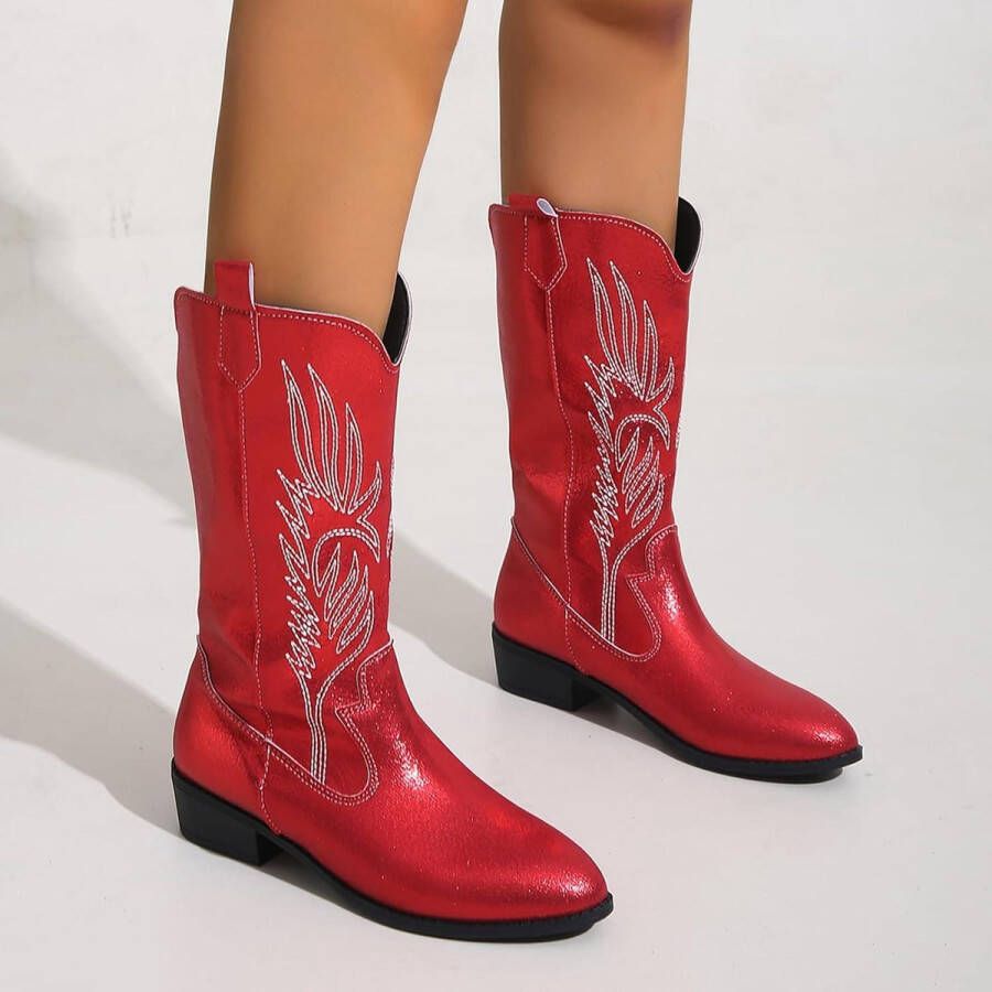 Cowboylaarzen voor vrouwen Kniehoge westerse laarzen Comfortabel en modieus Dikke hak Puntige teen Geborduurd Rood