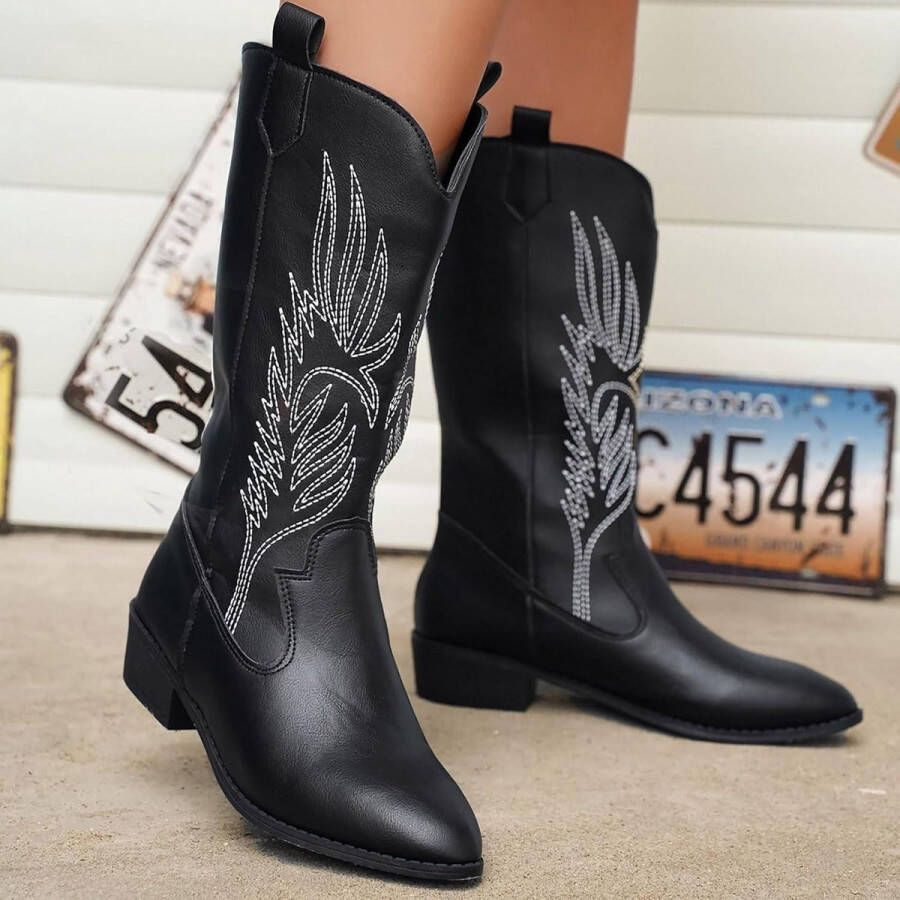 Cowboylaarzen voor vrouwen Western style Kniehoog Comfortabel & modieus Dikke hak Puntige teen Geborduurd Zwart